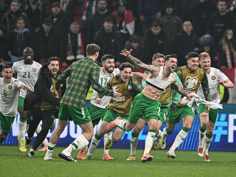 Troy Parrott celebrates scoring the winning goal for the Republic of Ireland against Hungary. Photograph: Attila Kisbenedek/AFP via Getty Images