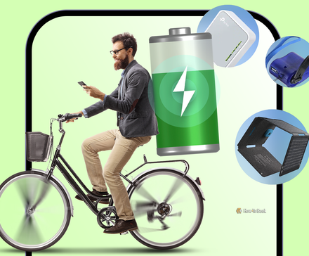 A man riding a bicycle while looking at his phone, carrying a large battery icon on his back, with icons around him showing unusual charging methods, ncluding a router, a hand-crank charger, and a portable solar pa