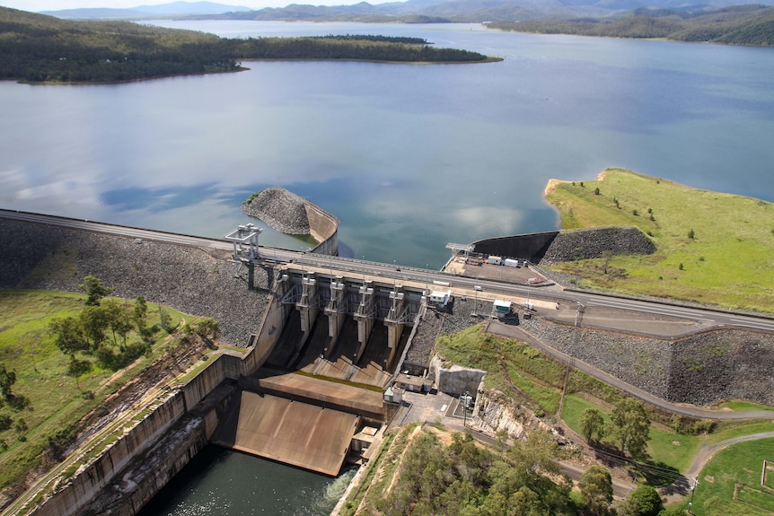 An aerial photo of WIvenhoe Dam's floodgates
