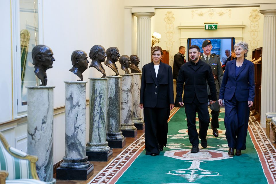 President of Ukraine, Volodymyr Zelensky and his wife Olena Zelenska with President Catherine Connolly. Photo: Tony Maxwell