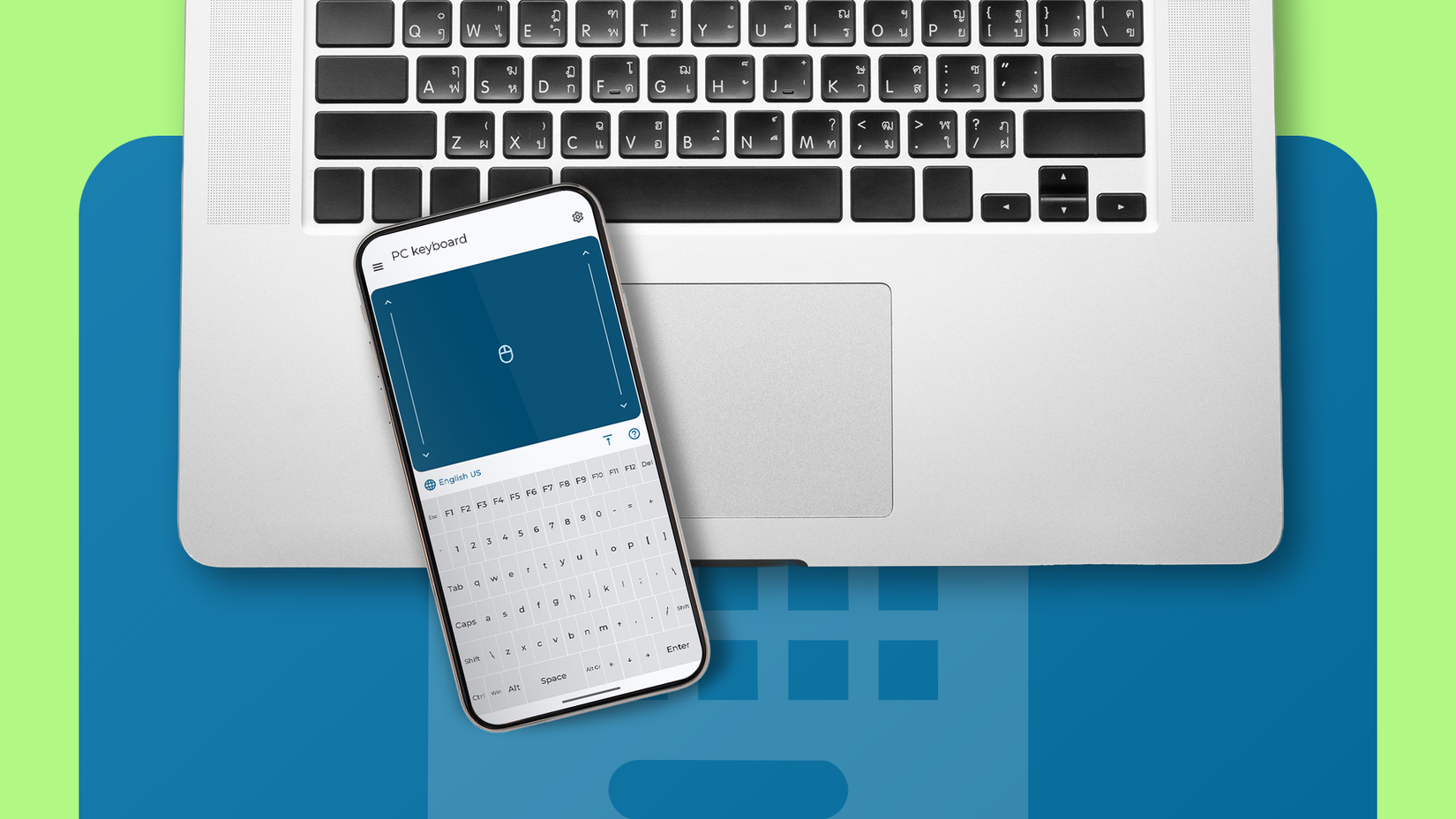 An Android phone displaying the Bluetooth Keyboard & Mouse app interface, placed on top of an open laptop.