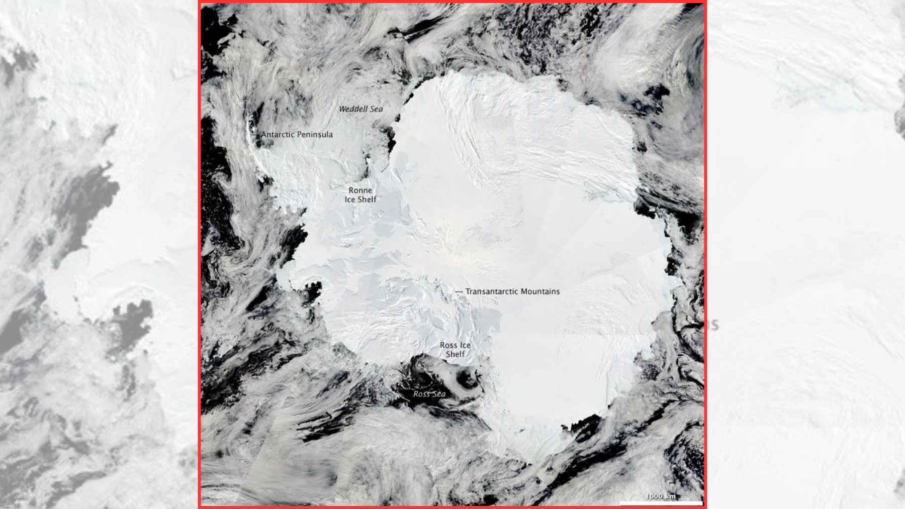 Satellite view of Antarctica showing major ice shelves, the Antarctic Peninsula, and surrounding Southern Ocean ice.