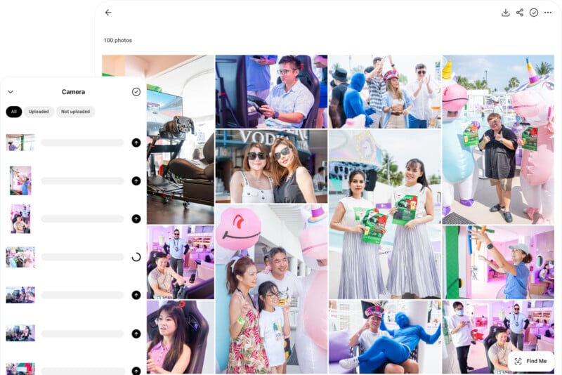 A collage of people enjoying a colorful, outdoor event, posing with inflatable props, playing games, and taking photos. A sidebar on the left shows an open camera roll with image thumbnails.