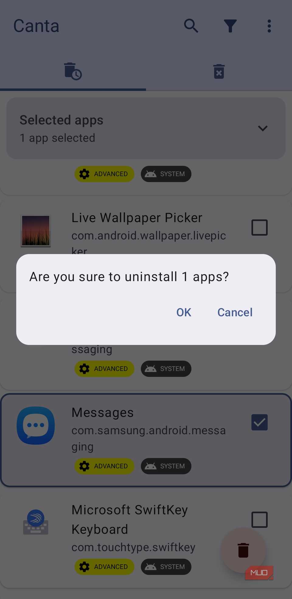 Canta app uninstall prompt on Android phone
