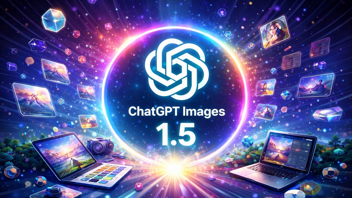 AI design that reads ChatGPT Images 1.5 with laptops in colorful outer space-like environment.