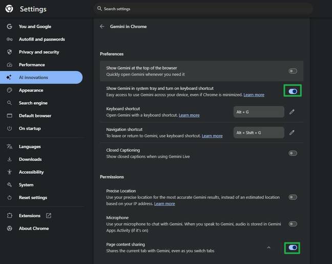 Disable Gemini toggles in Settings