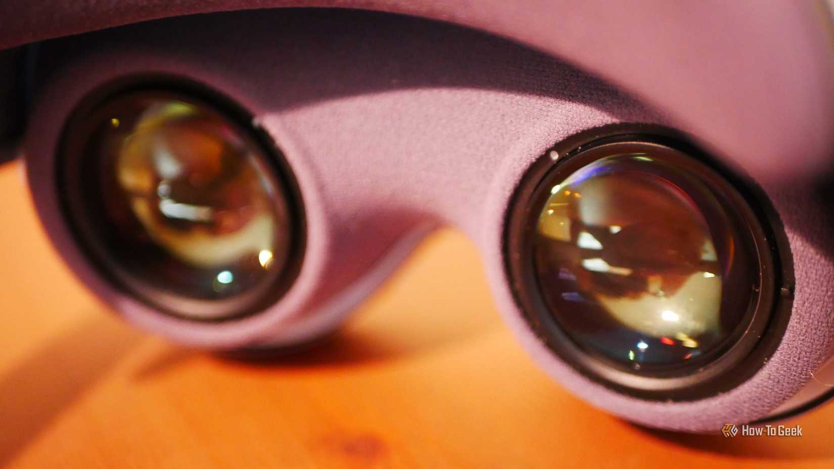 Closeup of the pancake lenses on a Samsung Galaxy XR headset.