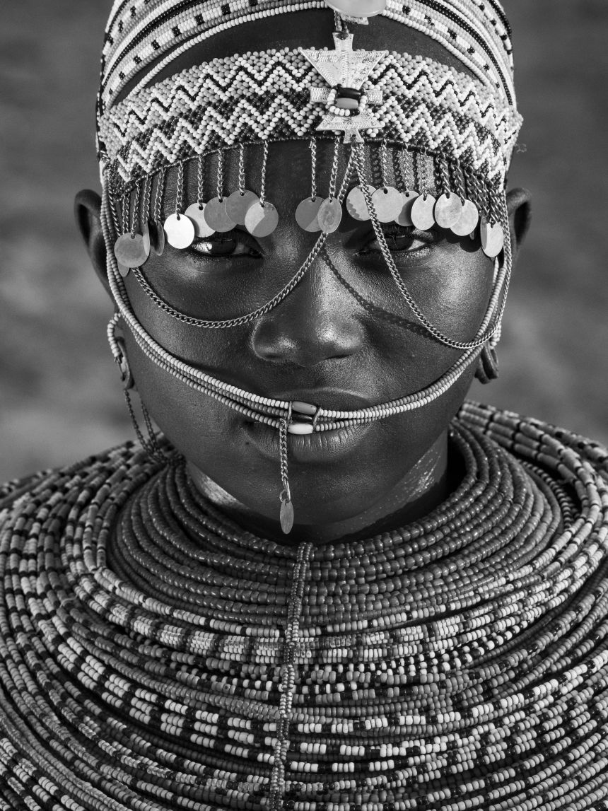 Detailed beadwork worn by a Samburu woman in Kenya.
