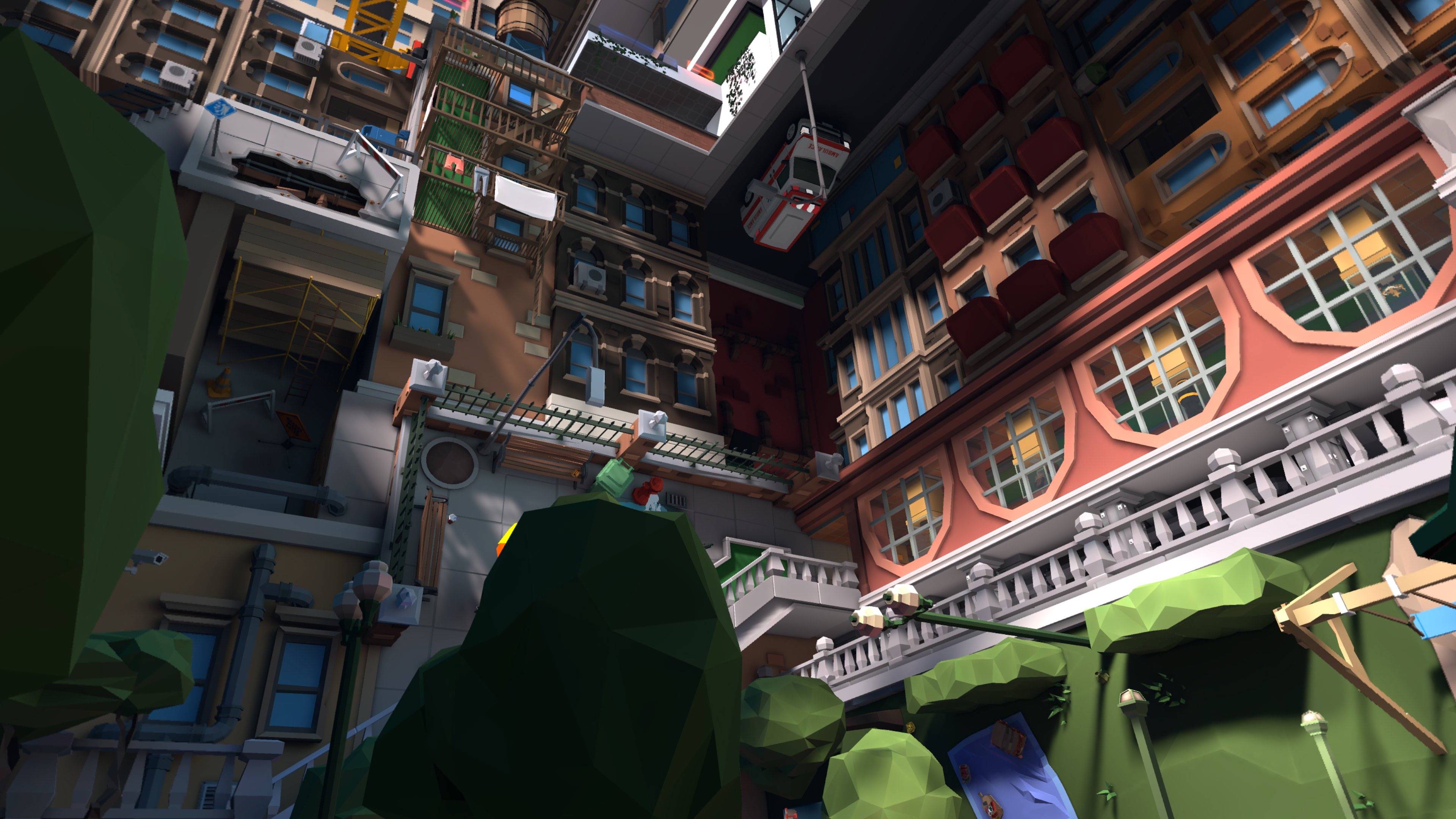 Walkabout Mini Golf stage with city environment with upside-down buildings and cars