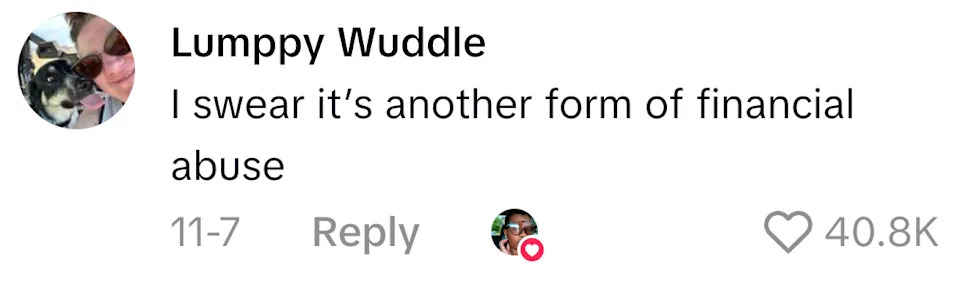 Comment saying, "I swear it’s another form of financial abuse," with 40.8K likes