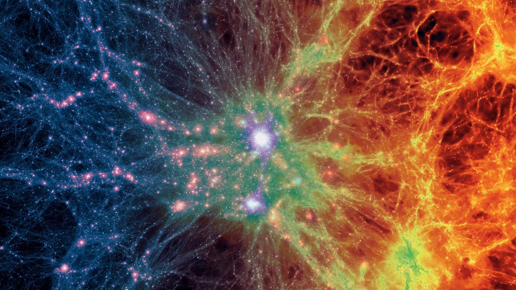 A colorful simulation of galaxies connected by tendrils of gas