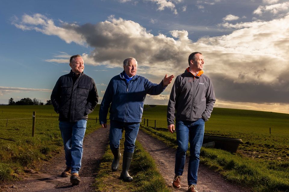 Pictured on Greenhills farm in east Cork is TJ Hunter, Vice President Onshore Ireland & UK (Right) with Simon Browne (left) and Tom Browne (Centre), the family behind Greenhills. Renewable energy company Ørsted and Greenhills farm entered into a landmark agreement in March.Picture: Michael O'Sullivan