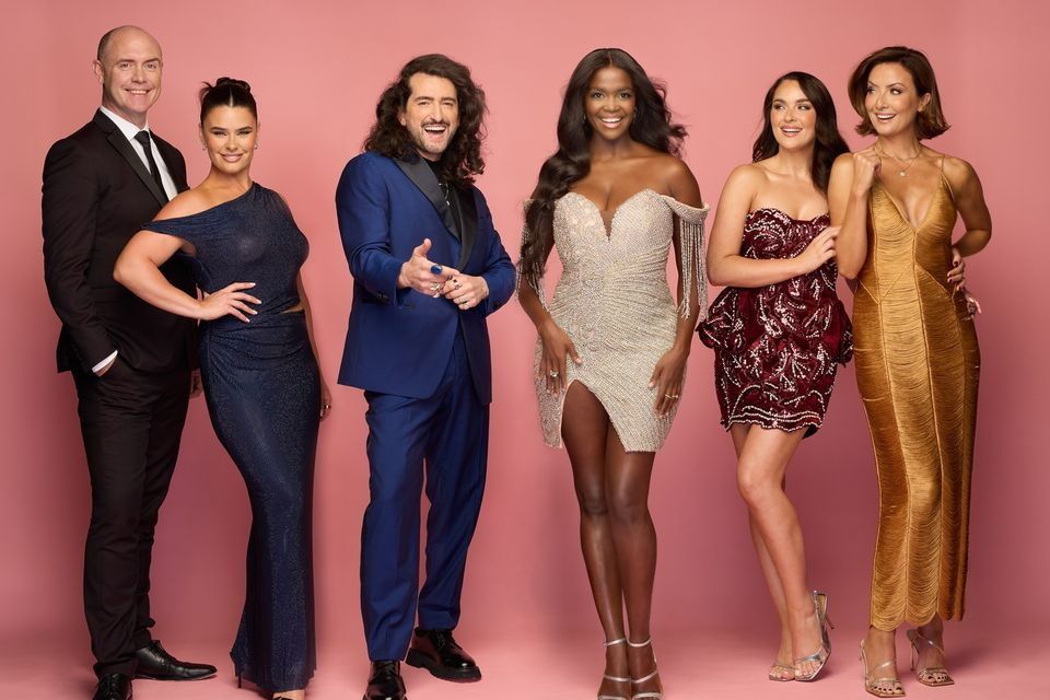 From left, Brian Redmond, Karen Byrne, Arthur Gourounlian, Oti Mabuse, Laura Fox and Jennifer Zamparelli, the ‘Dancing with the Stars’ judges and hosts. Photo: Barry McCall
