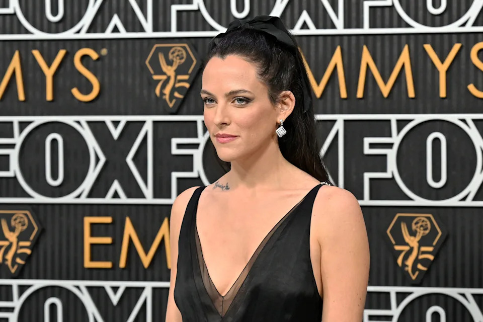 Riley Keough arrives for the 75th Emmy Awards at the Peacock Theatre at L.A. Live.