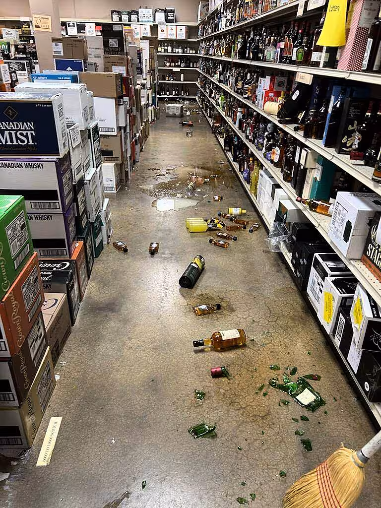 broken bottles are seen after a raccoon enters a liquor store