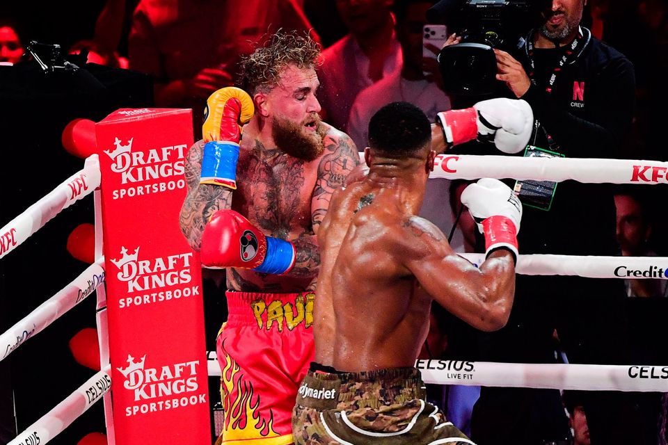 Anthony Joshua and Jake Paul during their heavyweight bout at the Kaseya Center, Miami