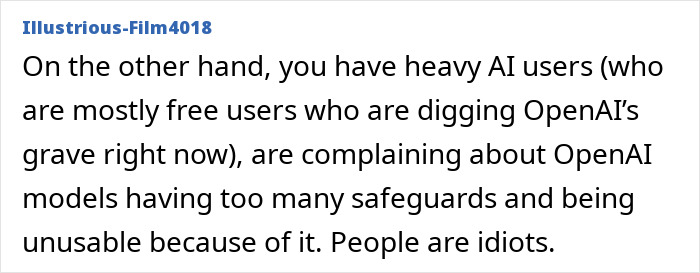Screenshot of an online comment criticizing OpenAI models and highlighting concerns about ChatGPT’s influence on users.