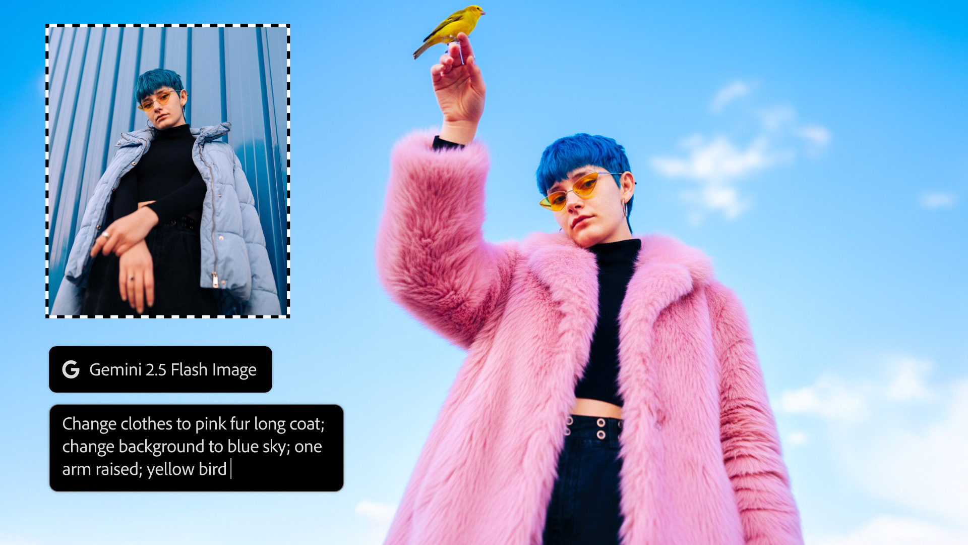 A side-by-side comparison showing an original image of a person in a light blue jacket against a teal background, and a generated image of the same person wearing a pink fur coat, standing against a blue sky, holding a small yellow bird on a raised hand