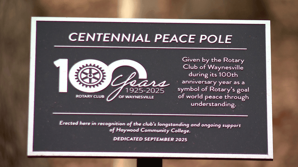 DEC. 9, 2025 - A steel pole with the message, "May Peace Prevail on Earth," was designed by employee Brek Lanning as a dedication to the college's 60th anniversary and the Waynesville Rotary Club's centennial. (Photo credit: WLOS Staff)