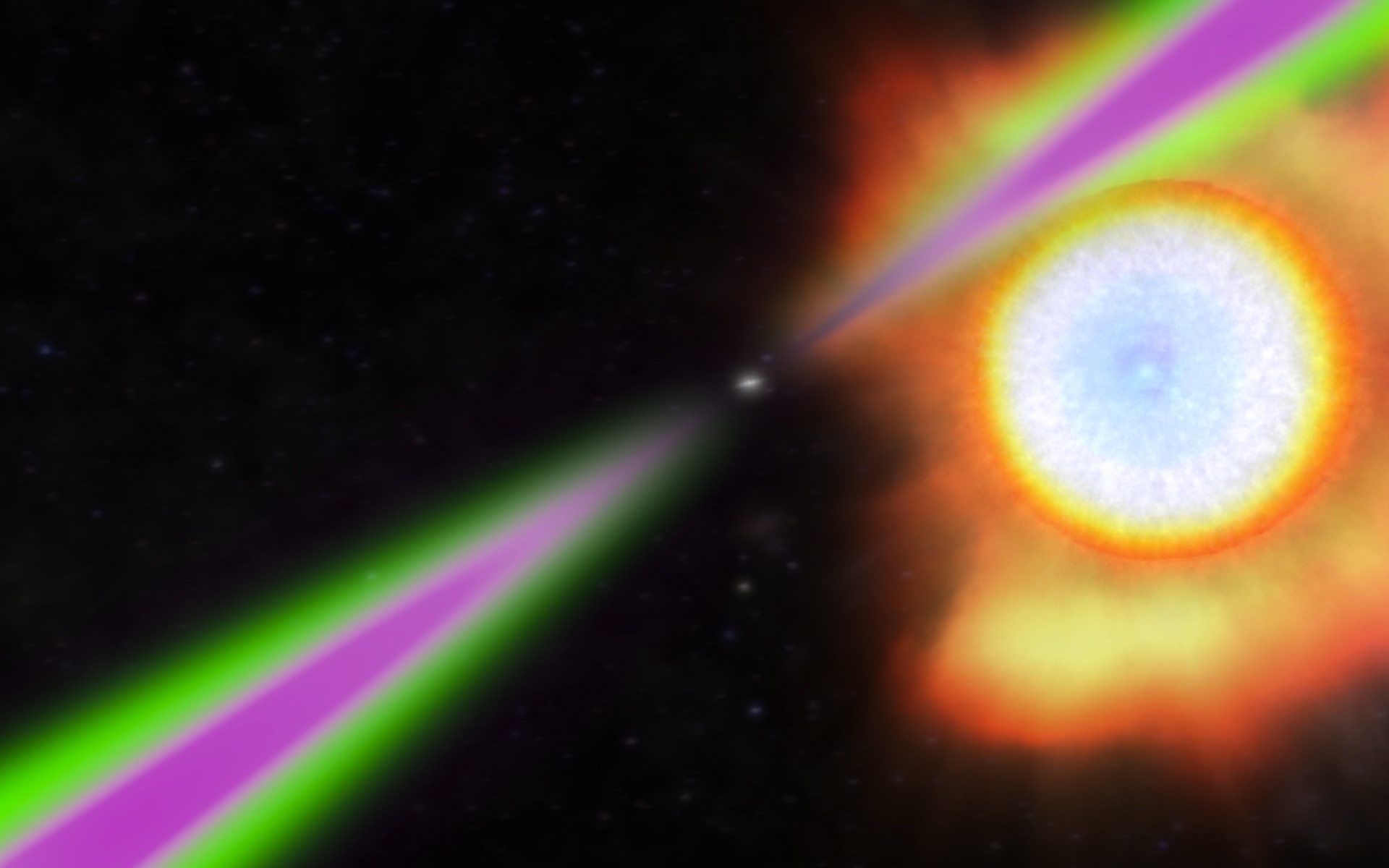 a small white orb emitting bright green and purple beams of light, close to a bright white and yellow star that is much larger than the orb