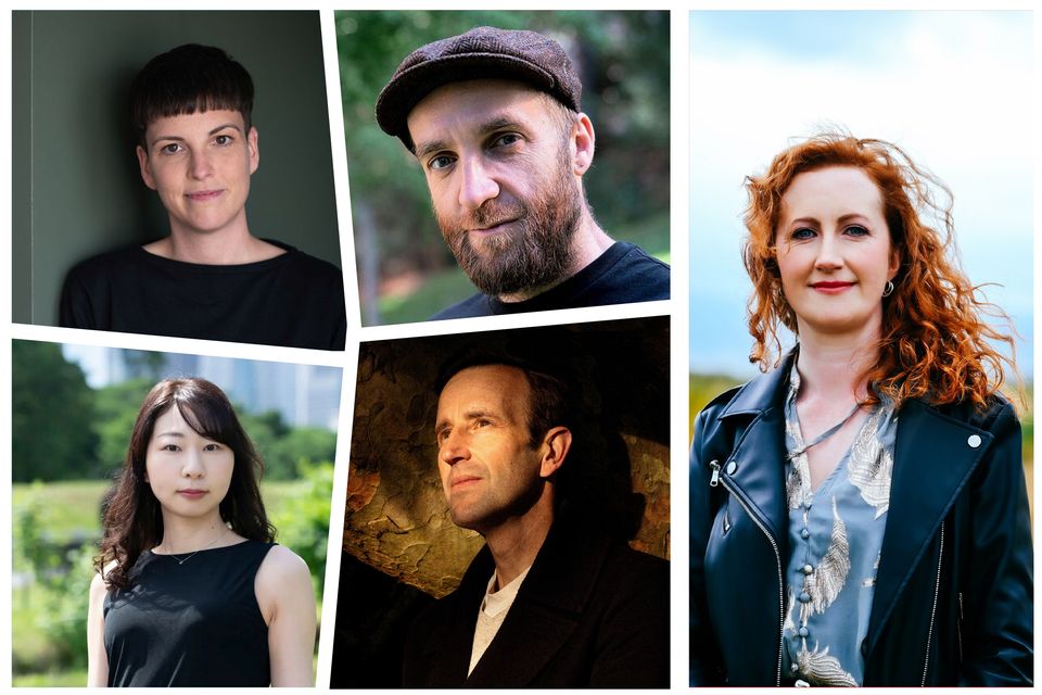 Clockwise from right:  Roisín O’Donnell, Robert Macfarlane, Rie Qudan, Niamh Ni Mhaoileoin and Shane Tivenan. Photos: Ruth Medjber/William Waterworth/Julie Broadfoot/Lilliput