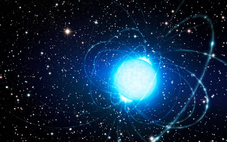 An illustration of a bright star with circular rings around it representing magnetic field lines