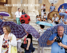 A cover of a photobook called Small World by Martin Parr showing tourists.
