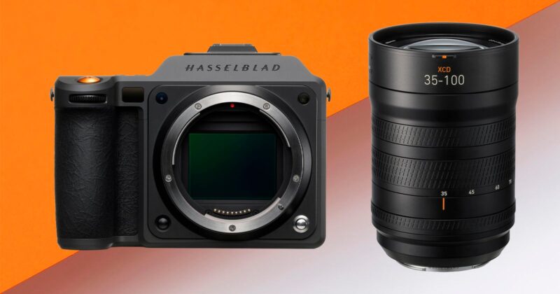 A Hasselblad mirrorless camera body is shown next to a detachable XCD 35-100mm camera lens, both displayed against an orange and white gradient background.