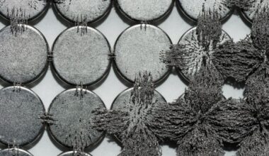 Iron filings form interlocking star-shaped patterns around circular magnets, revealing the magnetic flux lines.