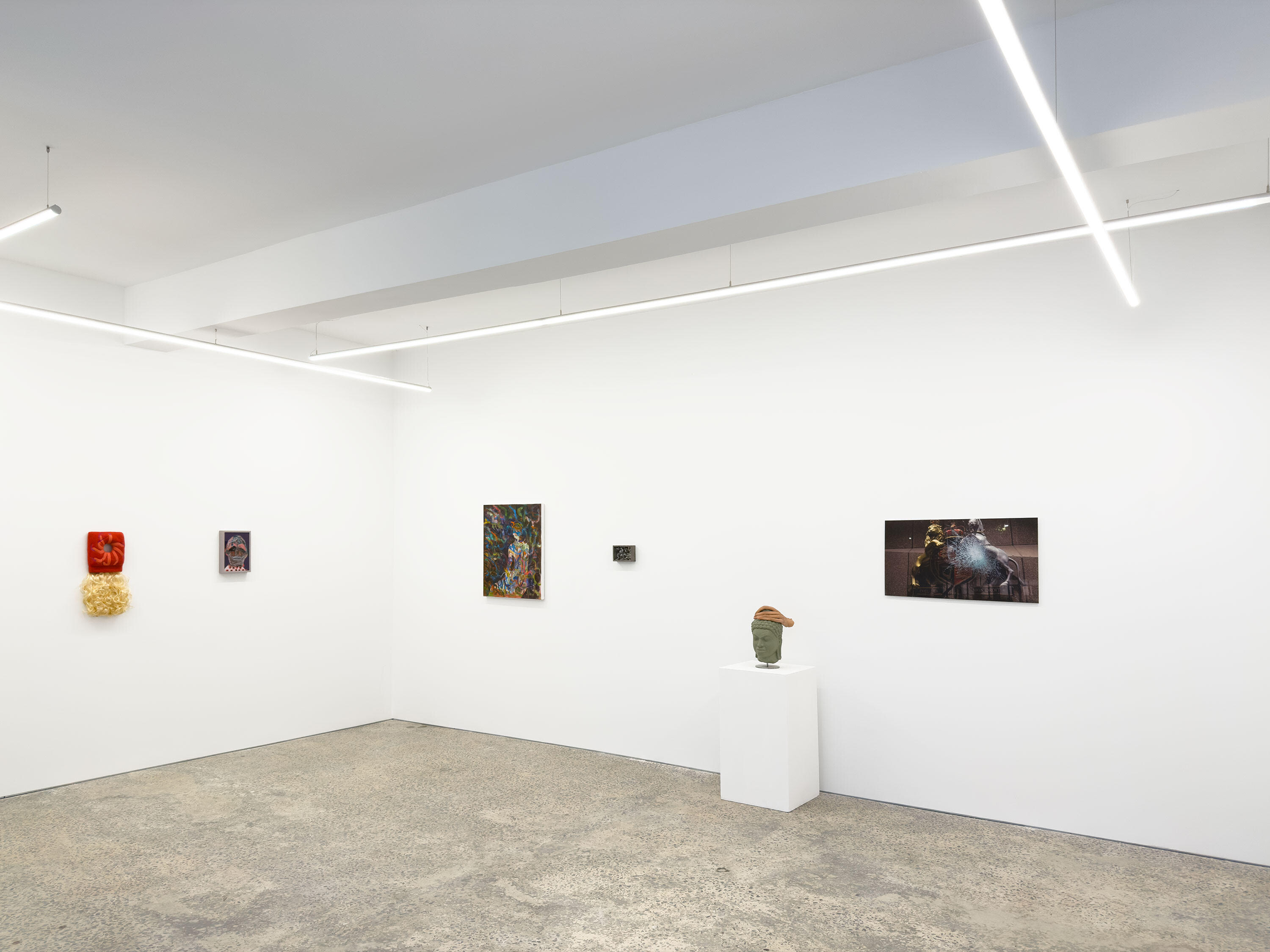 <p><em>Family Values</em>, group show, FUTURES, 2025. Left to right: Tyrone Te Waa, Hannah Ireland, Elyas Alavi, Hootan Heydari, Nathan Beard, Tarik Ahlip. Photo courtesy of the artists and FUTURES, Melbourne.</p>