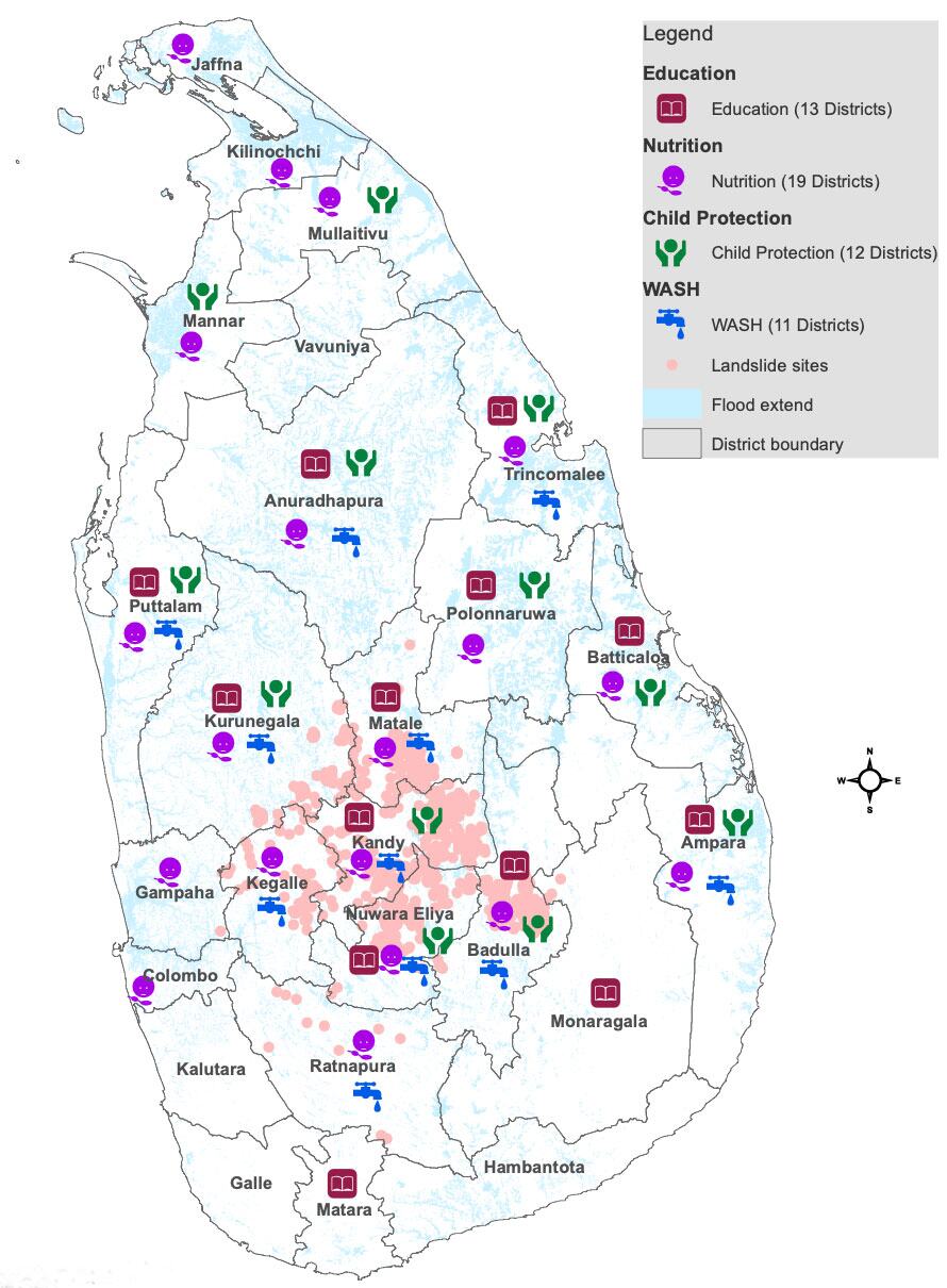 Child protection needs and response in the aftermath of Cyclone Ditwah. Map of Sri Lanka showing the distribution of child protection, education, nutrition, and WASH services in affected districts after Cyclone Ditwah.