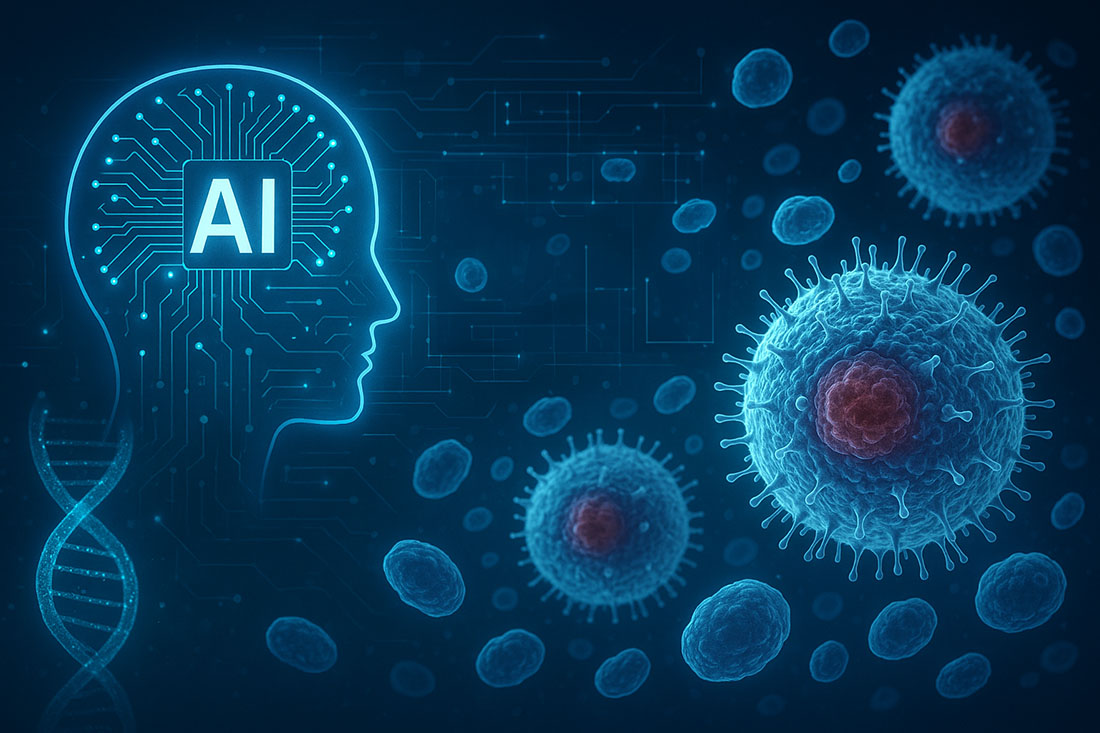 Digital illustration showing a human head outline filled with circuit patterns and the letters ‘AI,’ facing several large, blue, virus‑like cells. A DNA strand appears on the left, and circuit lines connect the AI figure to the surrounding microscopic structures, representing artificial intelligence analyzing disease biology.