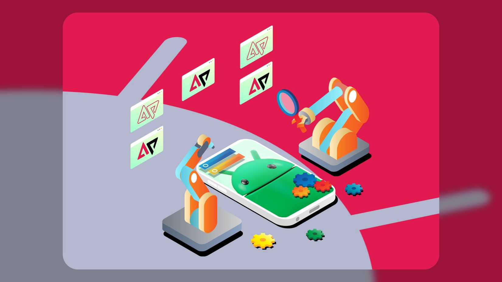 Isometric illustration of an Android smartphone with robotic automation arms beside it. (1)