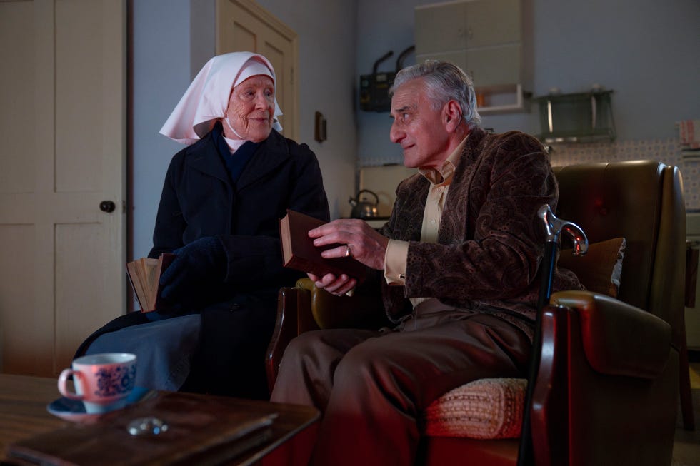 judy parfitt and henry goodman as sister monica joan mr fischer having a chat in call the midwife christmas special 2025