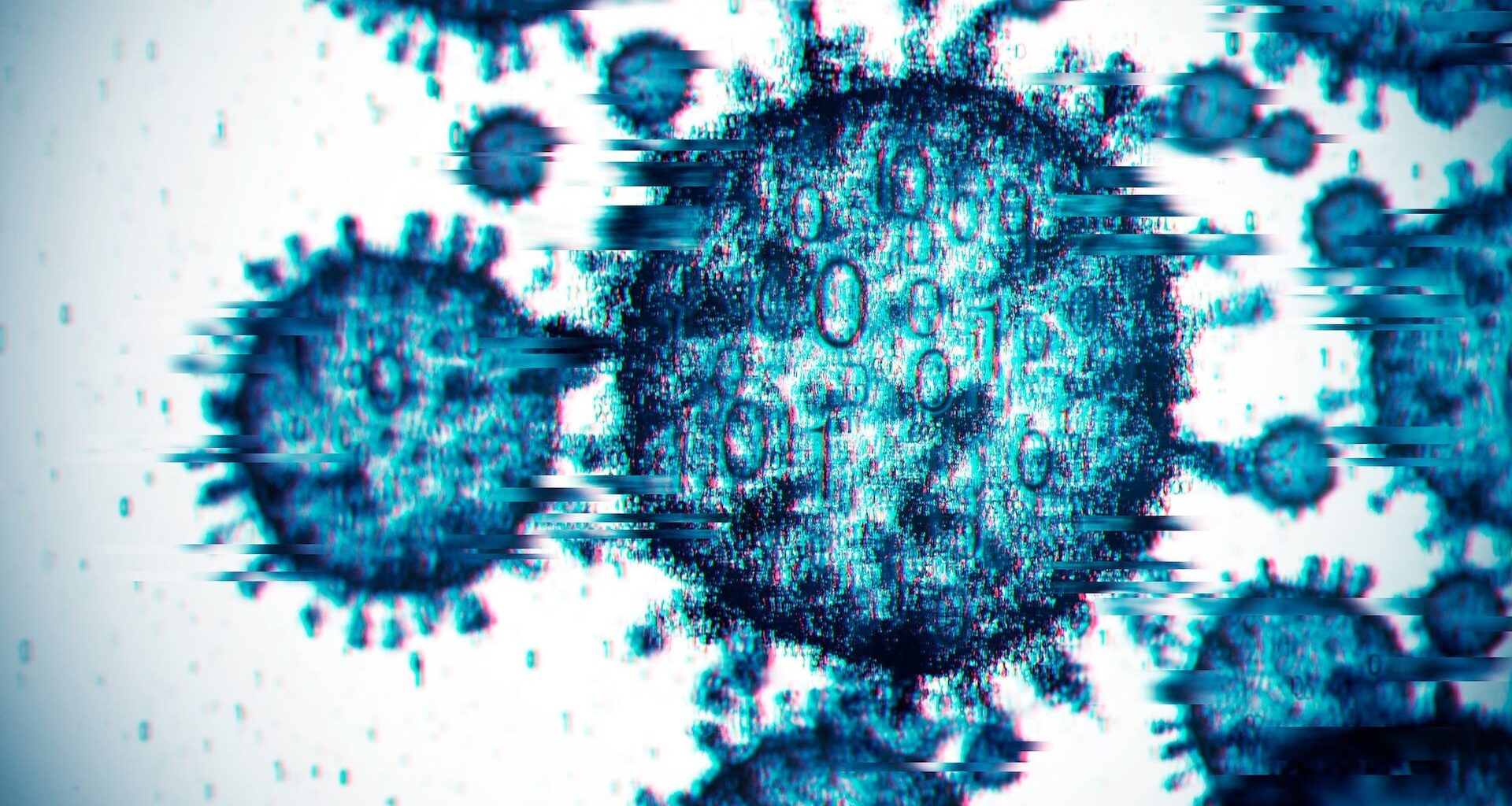 Computer illustration of a digitized virus cells. The round shells have short spikes coming out of them and they look pixelated and artificial.
