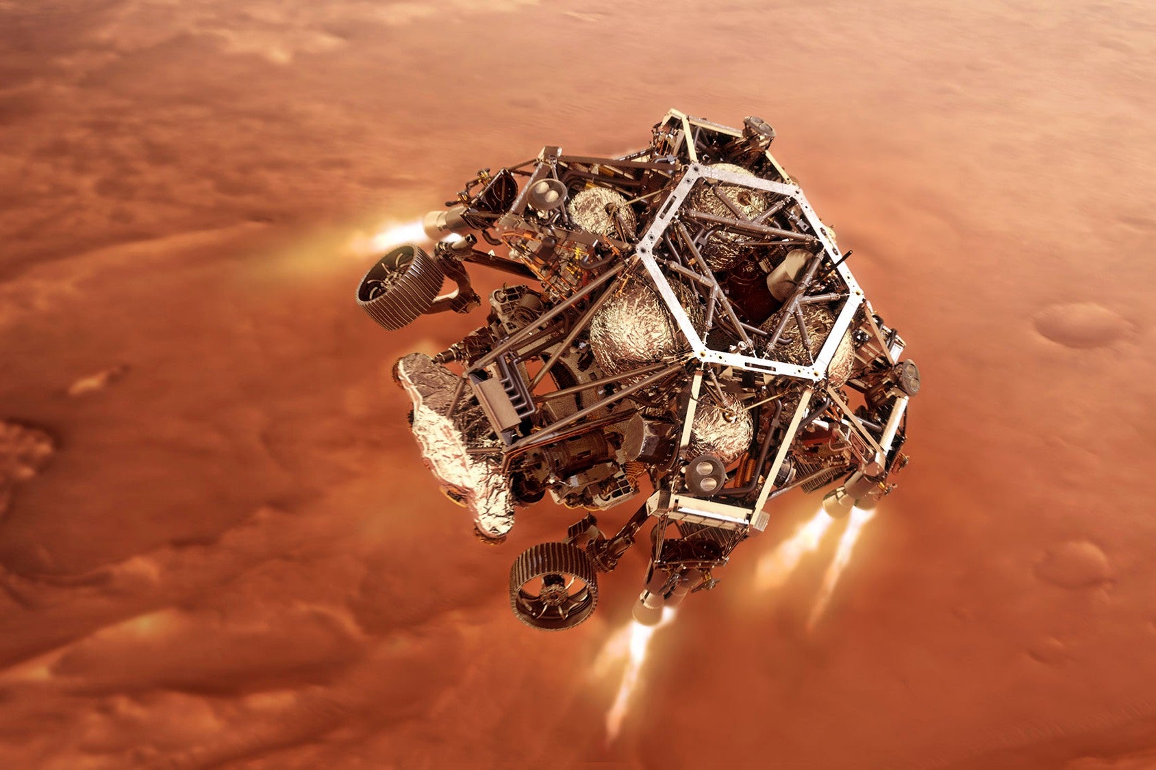 A concept illustration of Nasa's Perseverance rover on its descent to the Martian surface