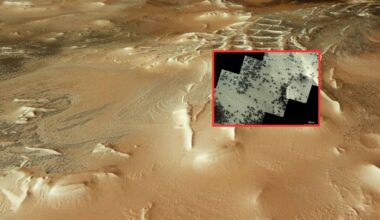 Mars south pole “Inca City” with dark seasonal CO₂-jet spots (“spiders”) appearing on polar terrain, ESA Mars Express view.