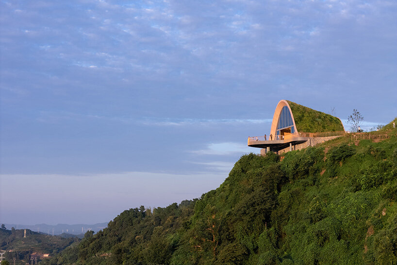 MVRDV perches arched, earth-covered timber pavilion among the hills of chengdu, china