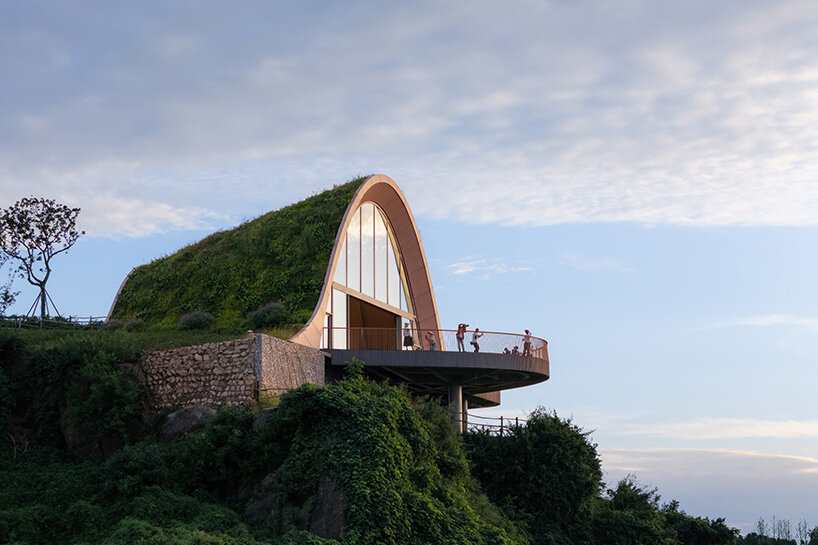 MVRDV perches arched, earth-covered timber pavilion among the hills of chengdu, china