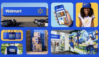 A collage showcasing various Walmart brand applications, including a storefront, a mobile app, apparel, tote bags, delivery boxes, employee vests, and a colorful in-store mural.
