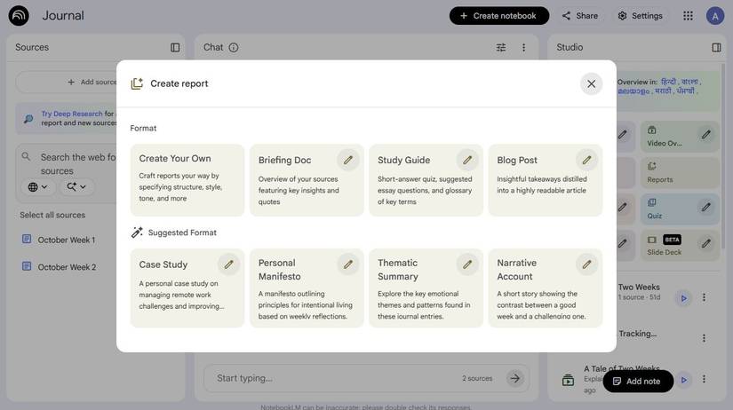 Screeenshot showing the report options in NotebookLM