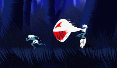 Image from Necrowave indie game with striking blue and red colours