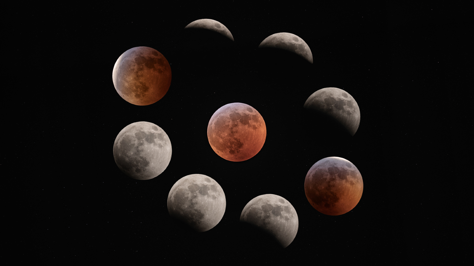 A composite image of the phases of the lunar eclipse or blood moon compiled into a clockwise setting, with the middle moon being the full eclipse and the reddest in color.