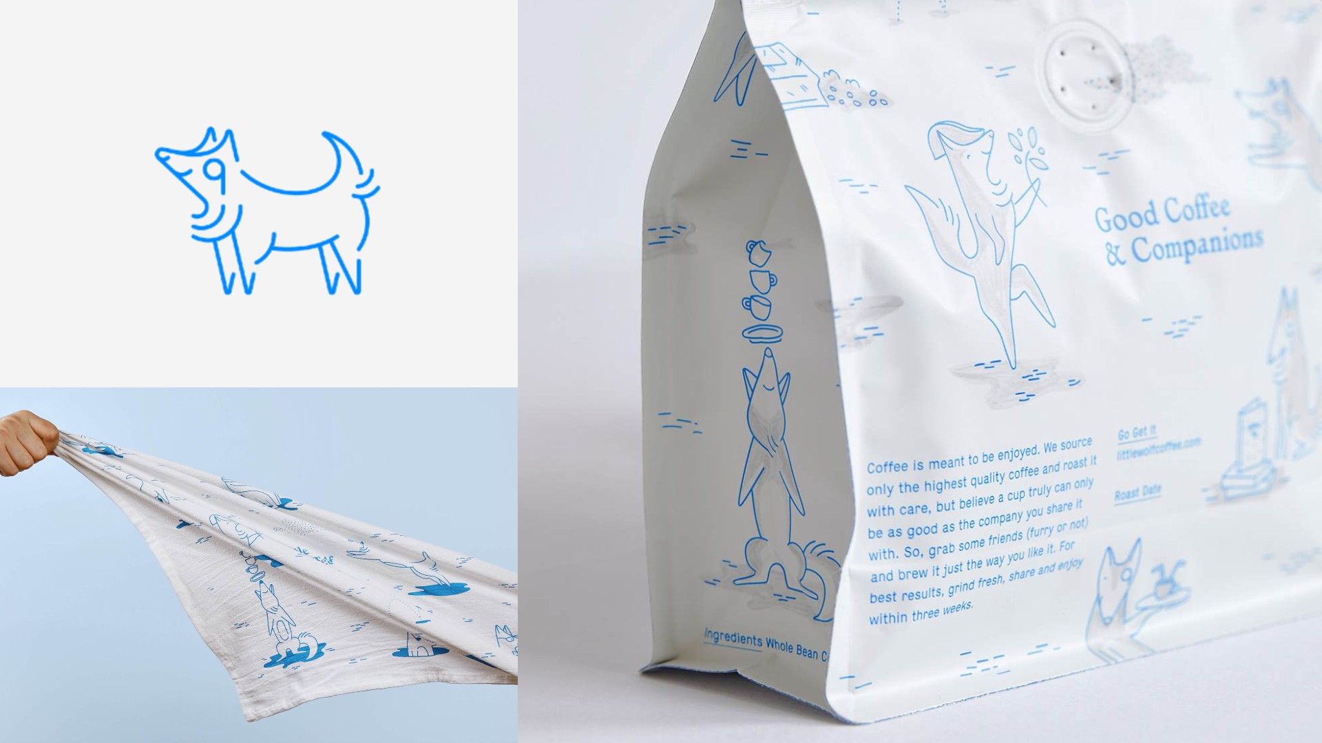 A three-part product collage showing a blue line-art logo of a stylized wolf/dog, a person holding up a white muslin cloth with similar blue line-art patterns, and a close-up of a white coffee bag featuring the same blue line-art and the words "Good Coffee &amp; Companions."