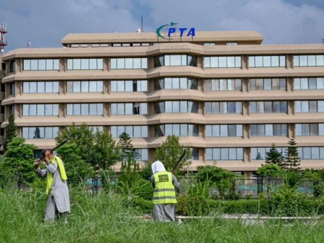 people work near the pakistan telecommunication authority pta headquarters building in islamabad on august 16 2024 photo afp