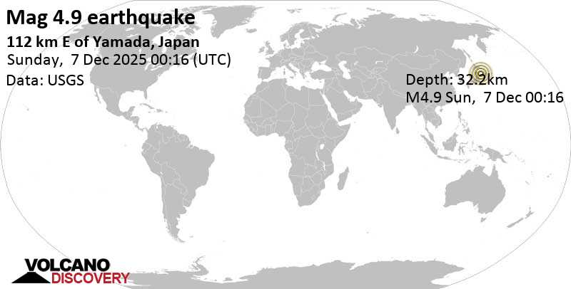 4.9 quake North Pacific Ocean, 181 km east of Morioka, Iwate, Japan, Dec 7, 2025 09:16 am (GMT +9)