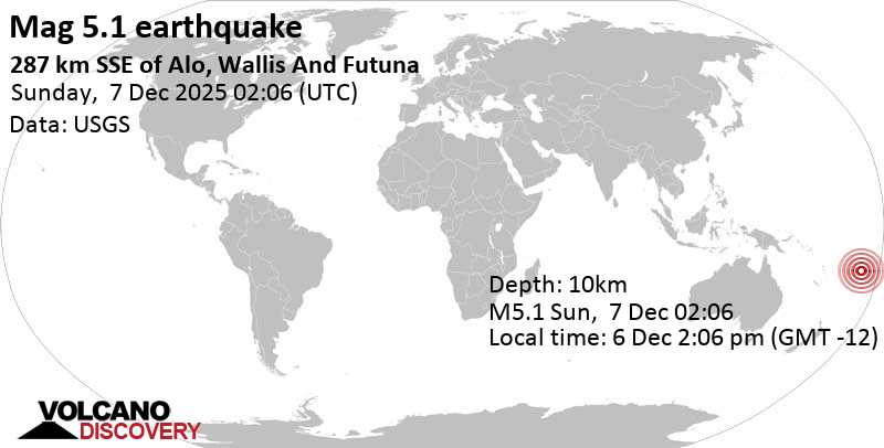 5.1 quake South Pacific Ocean, 185 km east of Vanuabalavu Island, Eastern, Fiji, Dec 7, 2025 02:06 pm (GMT +12)