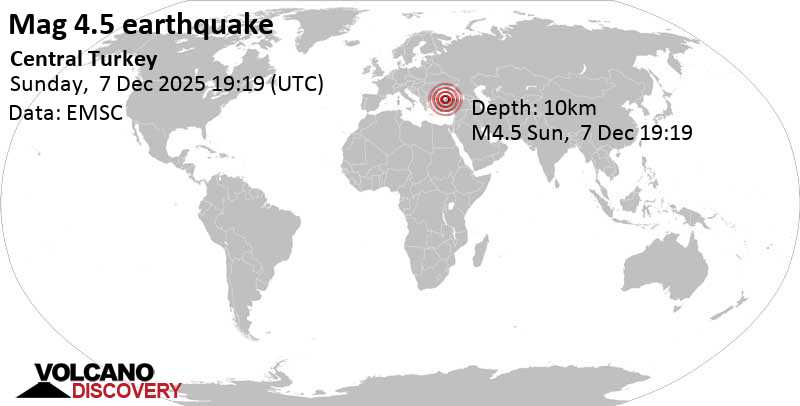 4.5 quake 21 km north of Gerede, Bolu, Turkey, Dec 7, 2025 10:19 pm (Istanbul time)