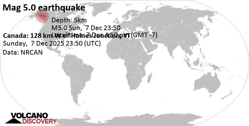 5.0 quake 261 km west of Whitehorse, Whitehorse, Yukon, Canada, Dec 7, 2025 04:50 pm (Whitehorse time)