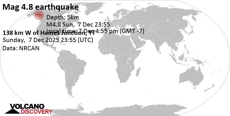 4.8 quake 270 km west of Whitehorse, Whitehorse, Yukon, Canada, Dec 7, 2025 04:55 pm (Whitehorse time)